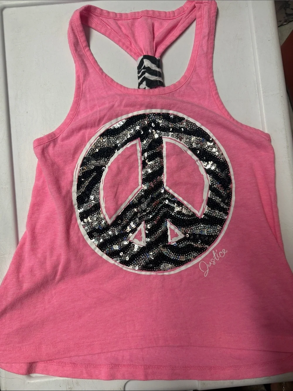 Justice Pink Tank Top with Black & Silver Sequin Peace Sign